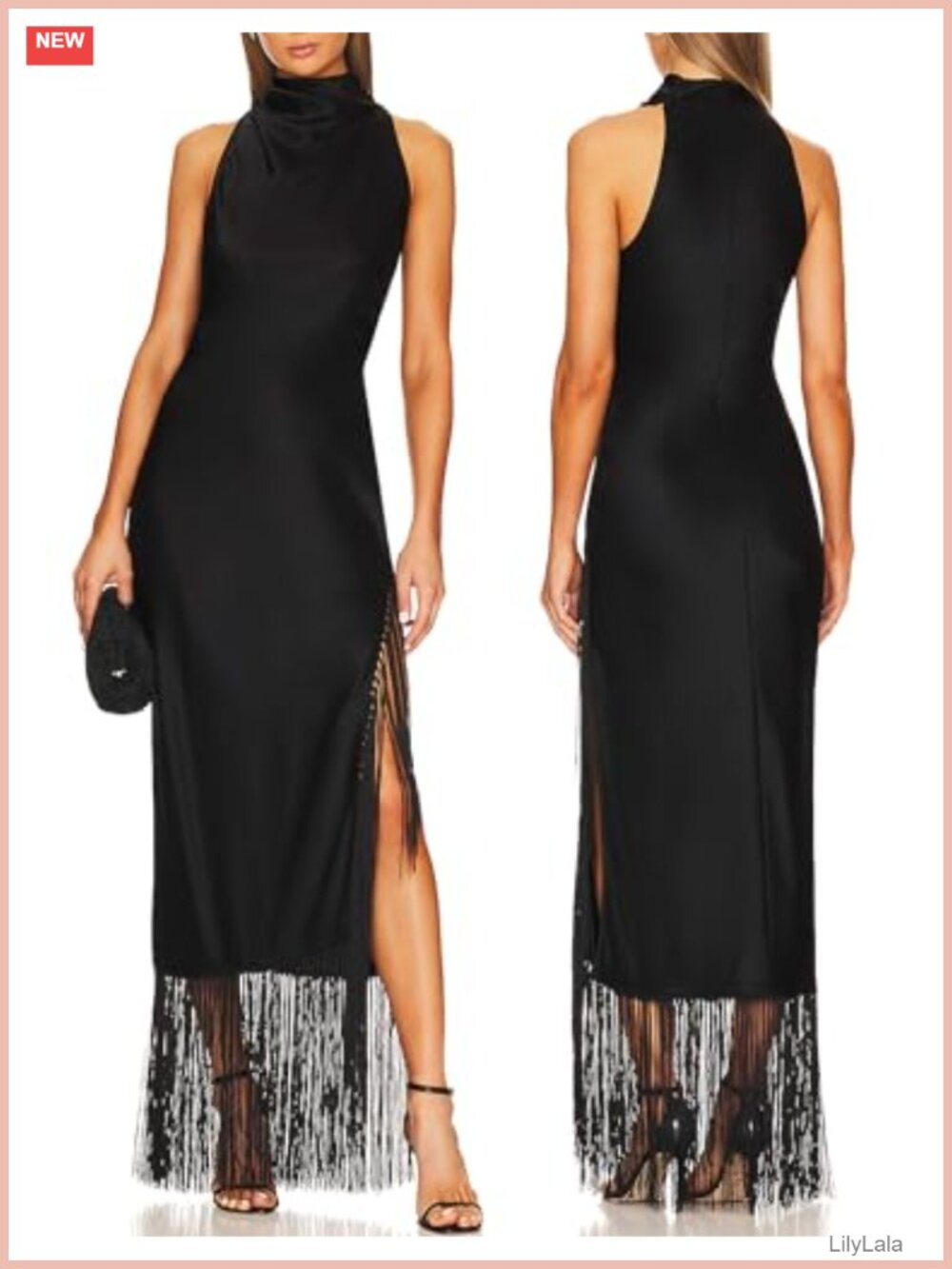 Womens Gatsby Vintage Flapper Maxi Dress Halter Tassel Hem Slit